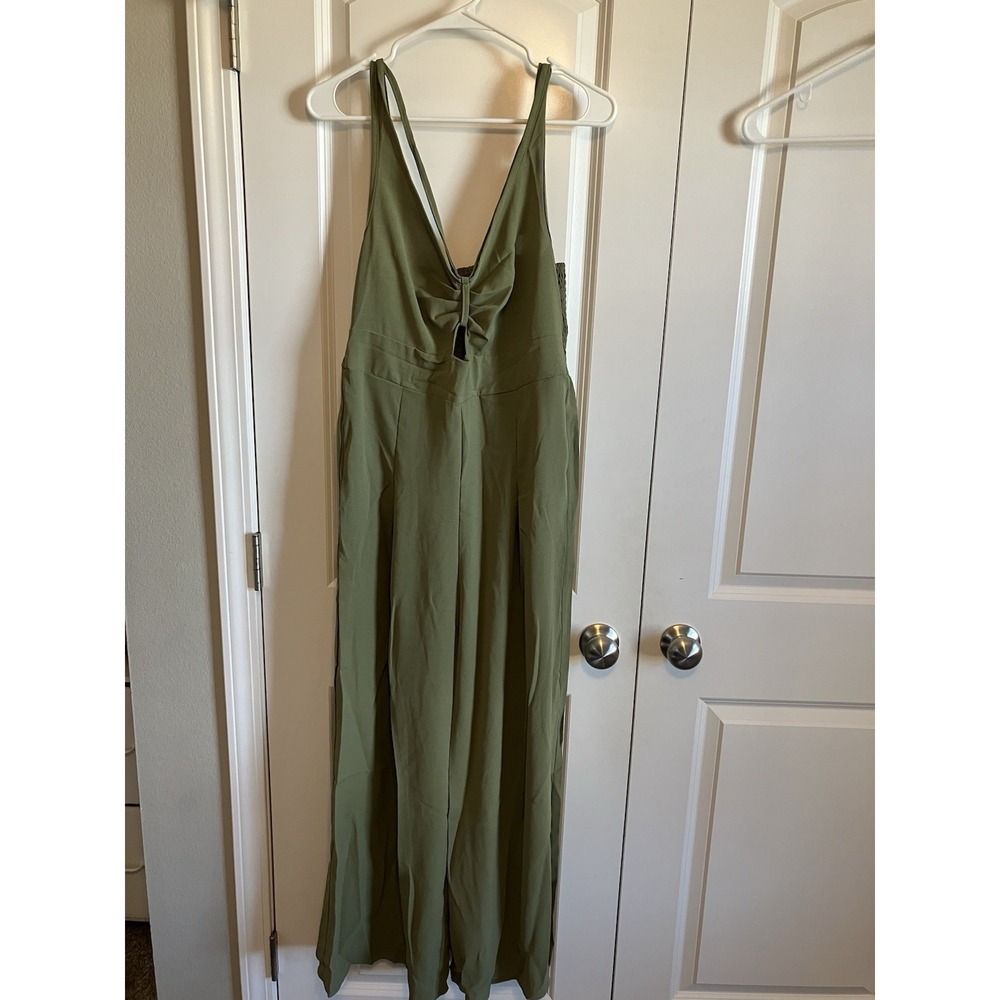 Yofeepop Wide Leg Jumper Women Large Green New V-Neck Smocked Cutout C1026